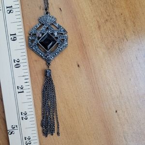 Long geometric pendant necklace with tassel in dark metal